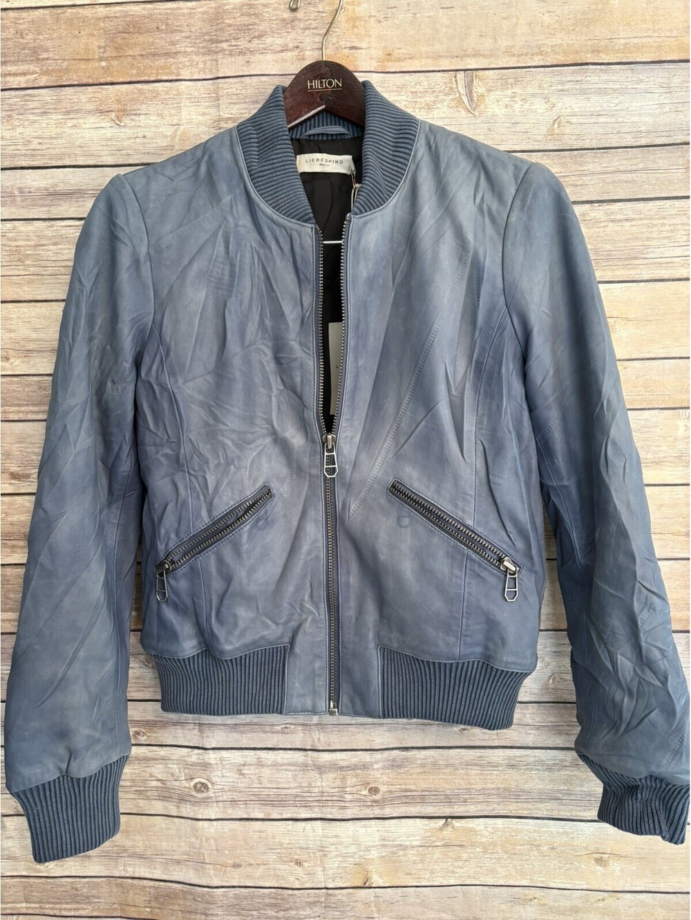 Liebeskind Berlin Lamb Leather Biker Jacket Smoky Blue Lined Sz S